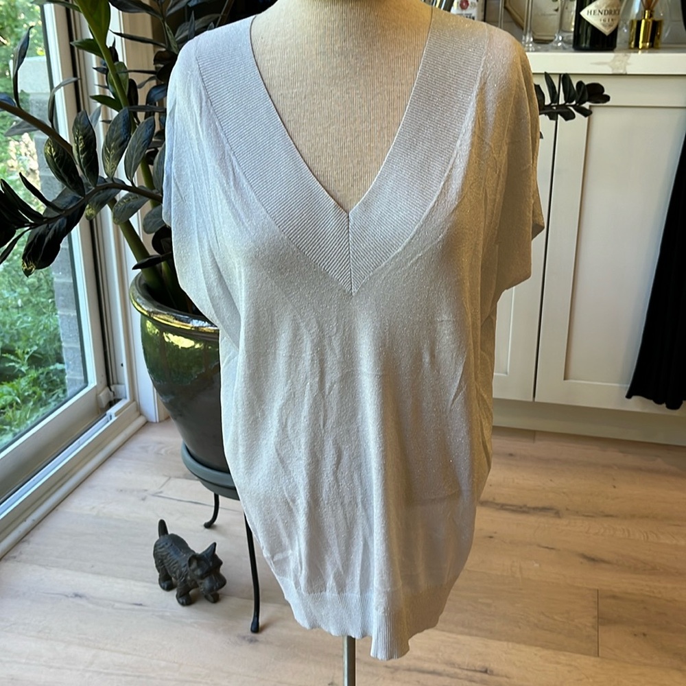 EUC judith & charles metallic silver v neck drop shoulder sweater